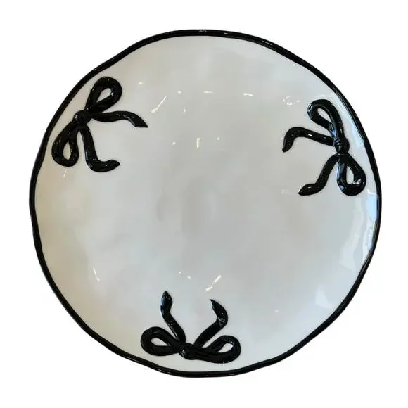 Hand Painted Coquette Black Bow Dinner Plates 10.25in White Ceramic Set of 4 NEW